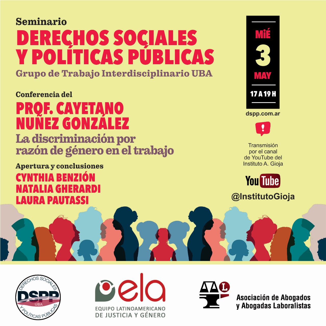 Seminario DSPP el 3 de mayo, de 17 a 19 hs. por el Canal de Youtube del Instituto Gioja.  «La discriminación por razón de género en el trabajo