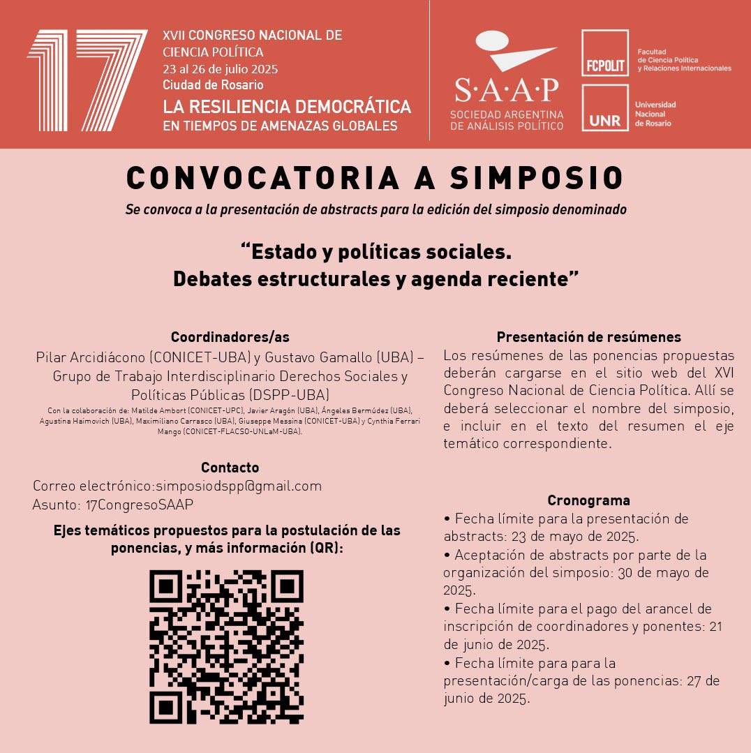 Convocatoria al Simposio “Estado y políticas sociales. Debates estructurales y agenda reciente” en el marco del XVII Congreso Nacional de Ciencia Política.