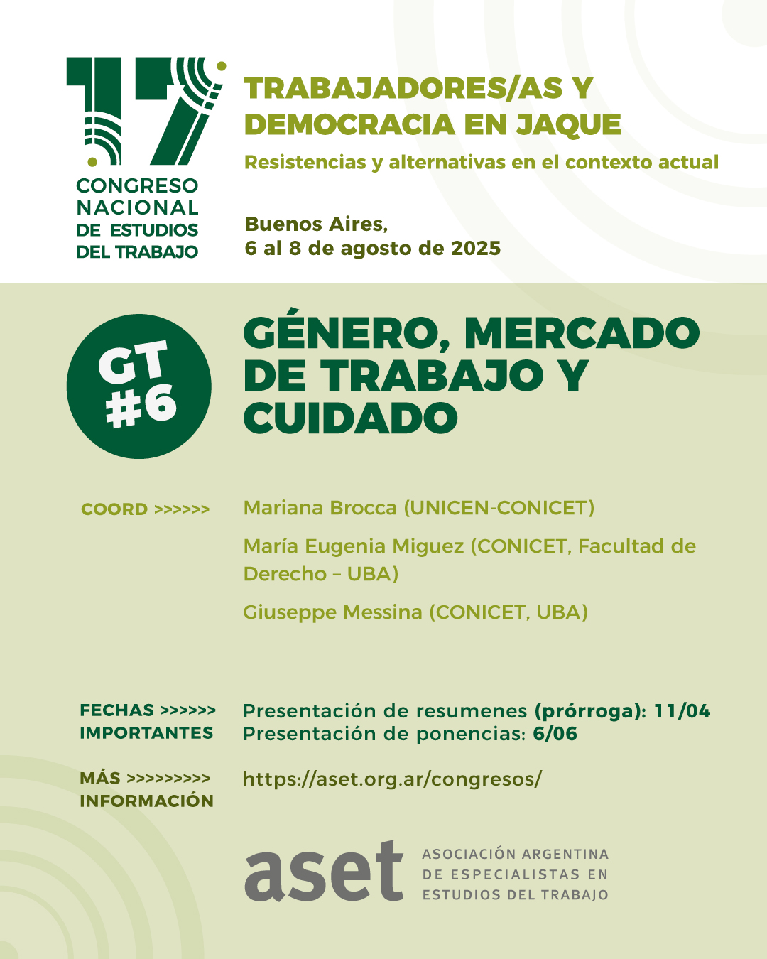 Convocatoria a la mesa de “Género, mercado de trabajo y cuidado” en el marco del 17° Congreso Nacional de Estudios del Trabajo «Trabajadores/as y democracia en jaque: resistencias y alternativas en el contexto actual”