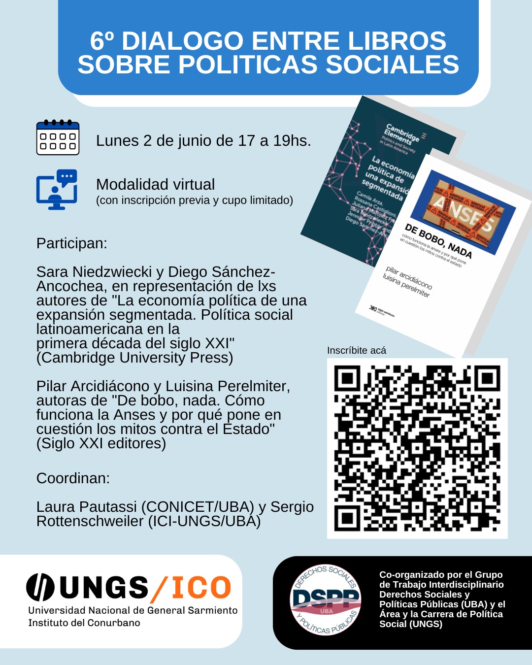 Lunes 2 de junio, de 17 a 19 h. Nuevo diálogo entre libros sobre políticas sociales. Modalidad virtual.