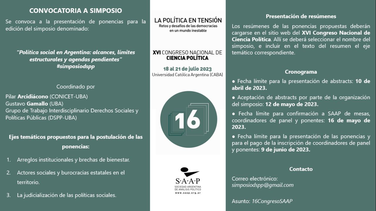 Convocatoria a Simposio «Política social en Argentina: alcances, límites estructurales y agendas pendientes», en el marco del XVI Congreso Nacional de Ciencia Política.